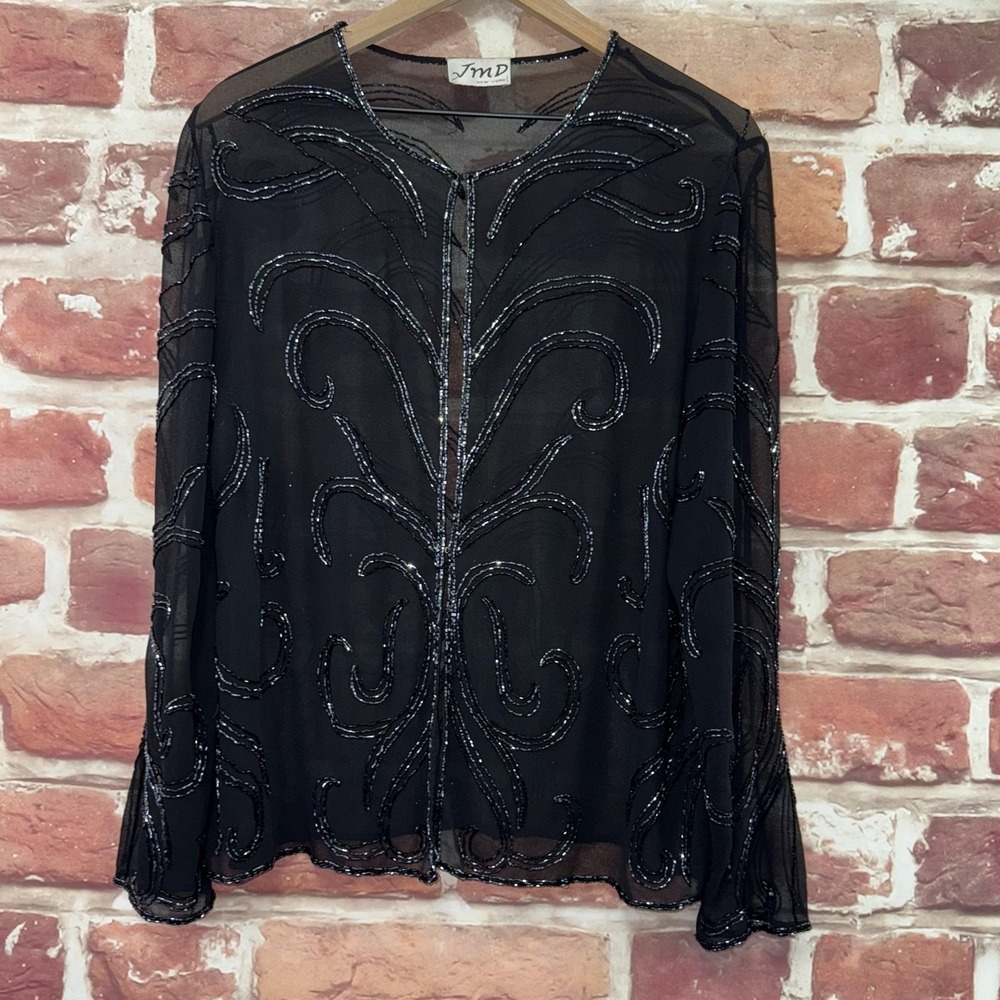 Vintage JMD New York Beaded Blouse Topper Womens 1X Art Deco Style Sheer Evening